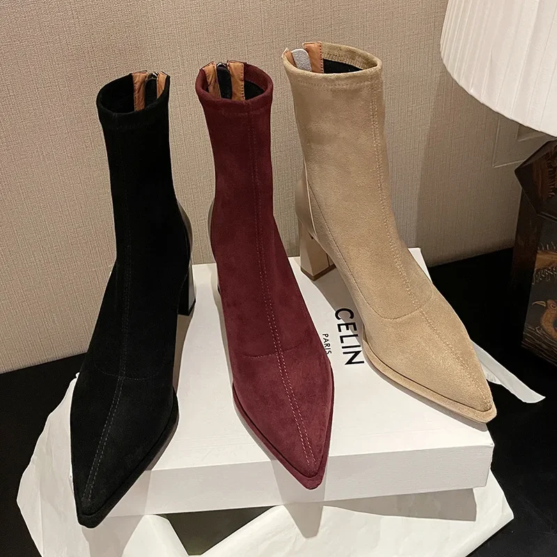 Женские эластичные ботинки винно-красного цвета в стиле ретро с острым носком