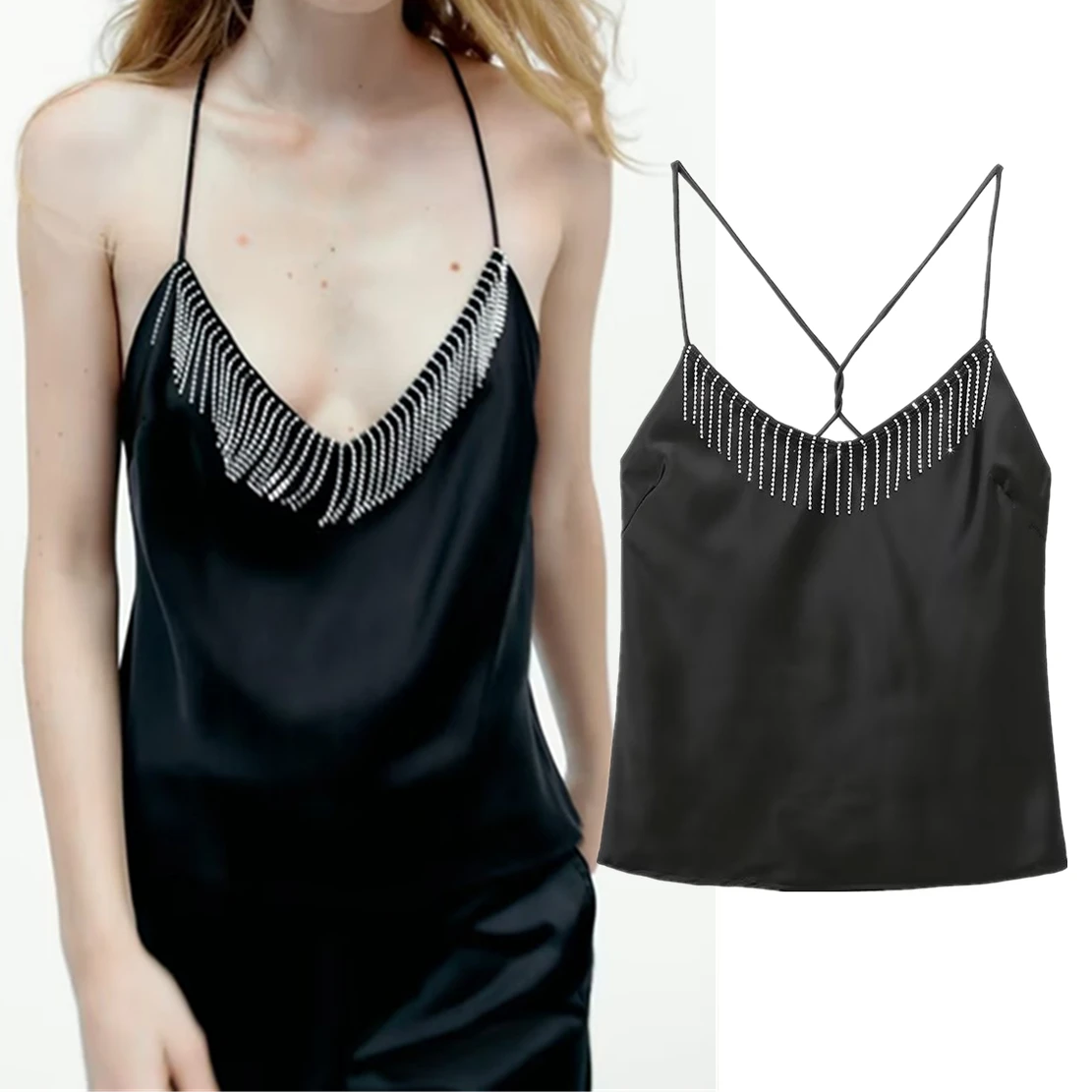 

Elmsk Fashion England Black Sexy Sequin Camisole Satin Top Women