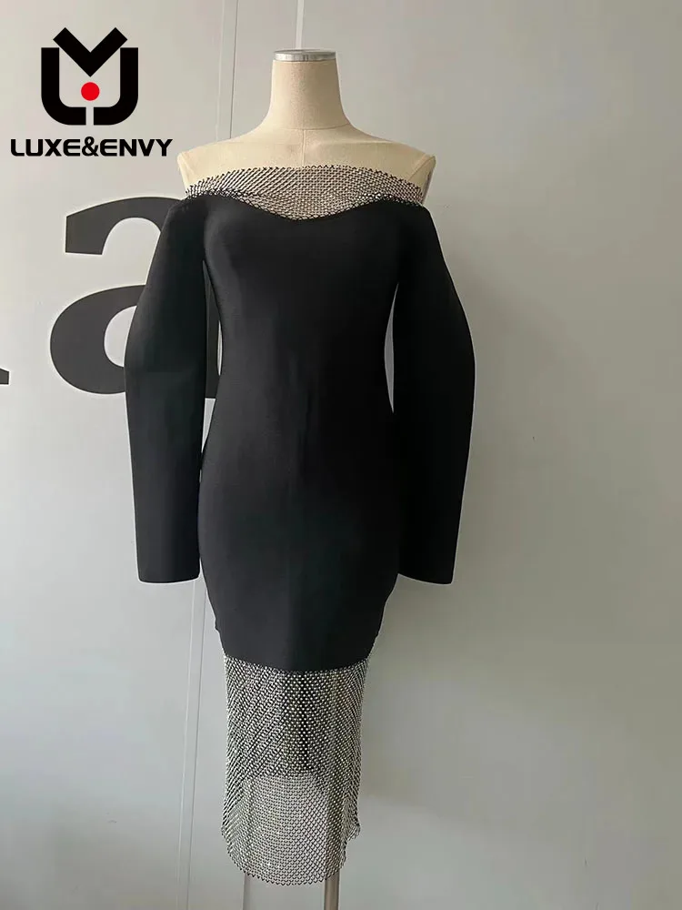 

Роскошное Сексуальное Женское Платье люкс & ENVY с открытыми плечами, Сетчатое платье со стразами, Осеннее Бандажное платье 2023