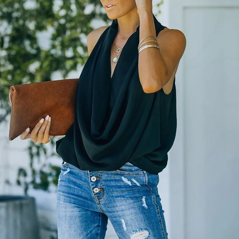 

Pile Collar Blouses Chiffon Summer Sleeveless Folds Solid Fashion Woman Blouses 2022 Casual Blouses and Shirts Top Female New