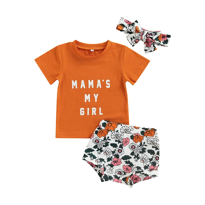 

Infant Baby Girl Summer Clothes Suit, Letter Print Short Sleeve Crew Neck T-shirt + Flower Shorts + Bow Headband