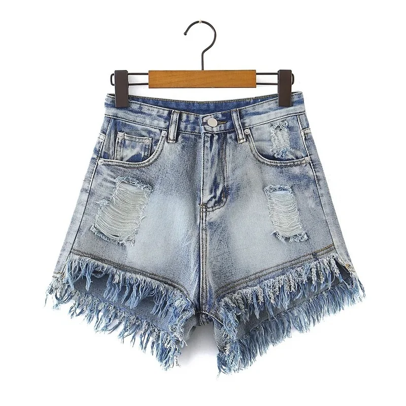 

Summer Retro Slightly Spicy Raw Edge Ripped Denim Shorts 2022 New High Waist Loose Straight Women Shorts Casual Hole Jean Short