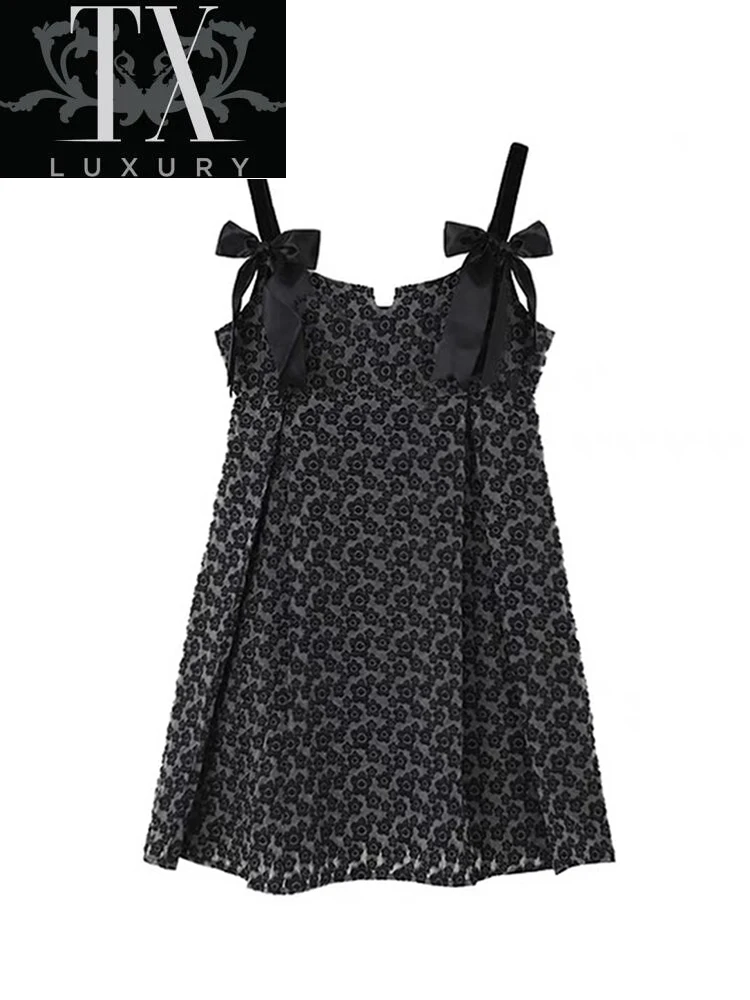 

Y2K Retro Strap Black Vestidos Mini Female Fashion Bow Club Party Sexy Sweet Printing A-line Fluffy Dress For Women Outfits