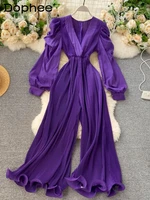 2022 new autumn fashion women clothes lantern sleeves high waist pullover v neck flare bottom long jumpsuit