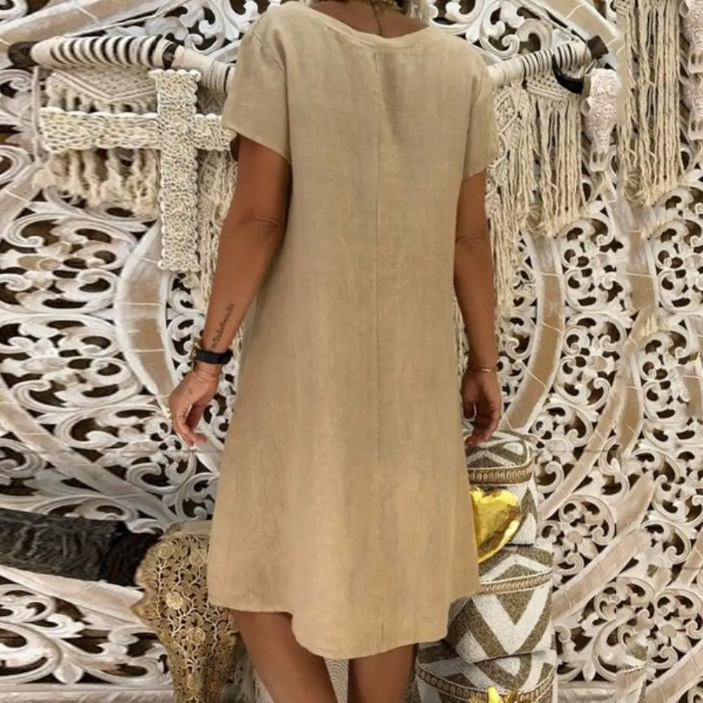 

Женское свободное платье до колен, повседневное однотонное Пляжное Платье До Колена с коротким рукавом и V-образным вырезом