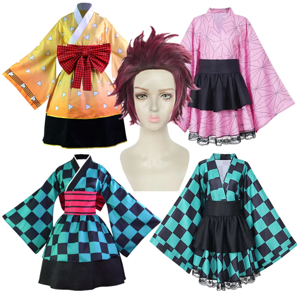 

Anime Demon Slayer Kamado Tanjirou Agatsuma Zenitsu Hashibira Inosuke Clothes Kimono maid outfi Kimetsu no Yaiba Cosplay Costume