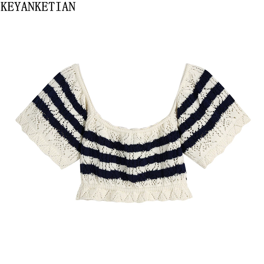 

KEYANKETIAN ZA Ladies Off Shoulder Jacquard Mesh Knit Tops Summer Fashion Ladies High Street Sexy Tops Women's Club Wear Shorts