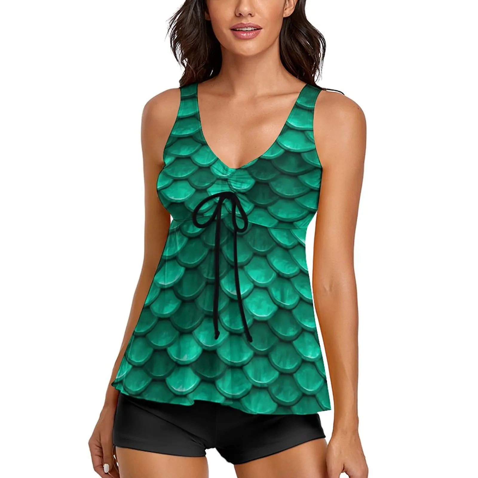 

Green Mermaids Scale Tankini Swimsuit Animal Print Two Piece Swimwear Women Colorful Swim Swimsuits Beachwear Plus Size 6XL