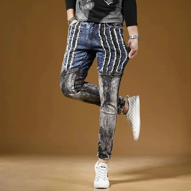 Black Blue Patchwork Jeans Men Autumn Casual Slim Fit Pencil Pants Streetwear Fashion Cotton Stretch Denim Trousers CP2018
