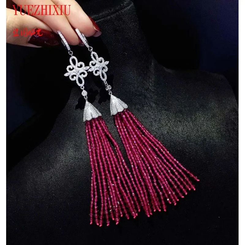 

925 Silver Garnet Earrings for Women Jewelry Natural Red Stone Pure Long Tassel Drop Earring