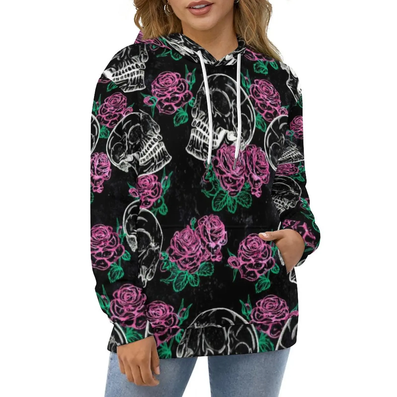 

Skeleton Grunge Glam Trendy Hoodies Women Sugar Skull Pink Roses Fashion Casual Pullover Hoodie Winter Trendy Design Sweatshirts
