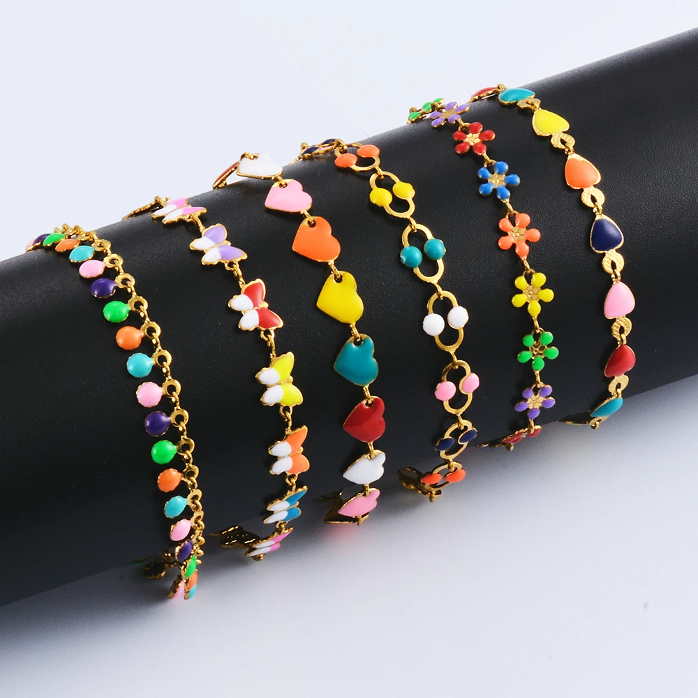 

Fashion Stainless Steel Bracelets Multicolor Flower Heart Enamel Charms Chains Necklace Bracelets For Women Party Jewelry