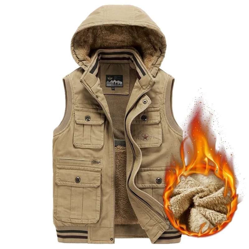 

Fur Hood Sleeveless Vest Men Fleece Warm Jacket Waistcoat Travel Multi Pocket Quality Tactical Military Style Casual Thick Male