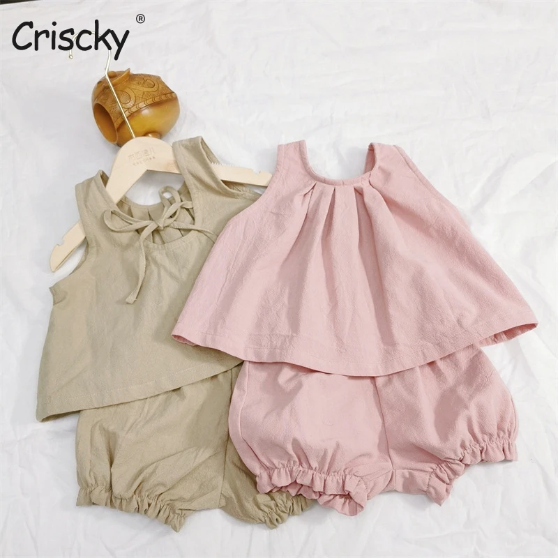 

Criscky Kids Baby Summer Clothes for Newborn Baby Boys Girls Solid Cotton Rompers+Drawstring Shorts Beach Outfits Sets