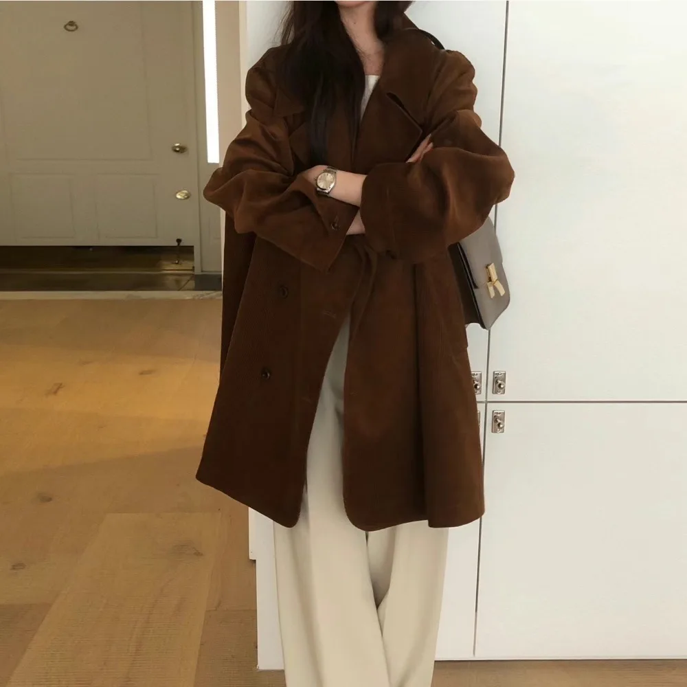 Осень-зима женский винтажный вельветовый длинный свободный плащ куртка