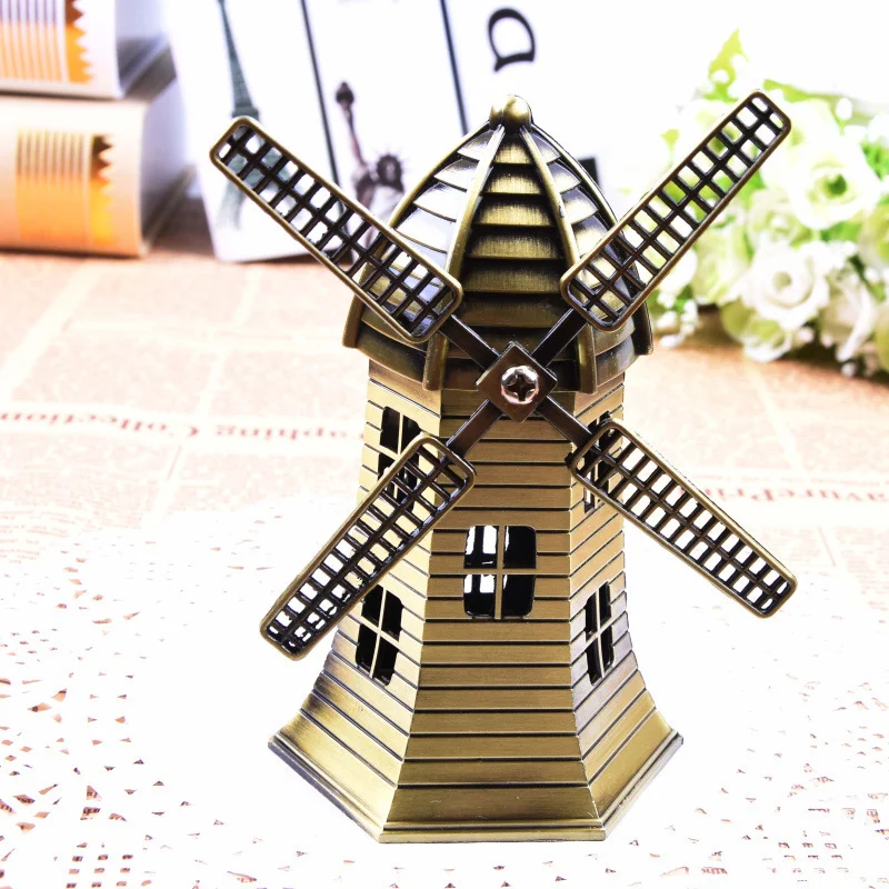 

World Famou Landmarks Metal Craft Model Dutch Windmill Decorative Ornaments Home Decoration Living Room Antique Style Ornamentss