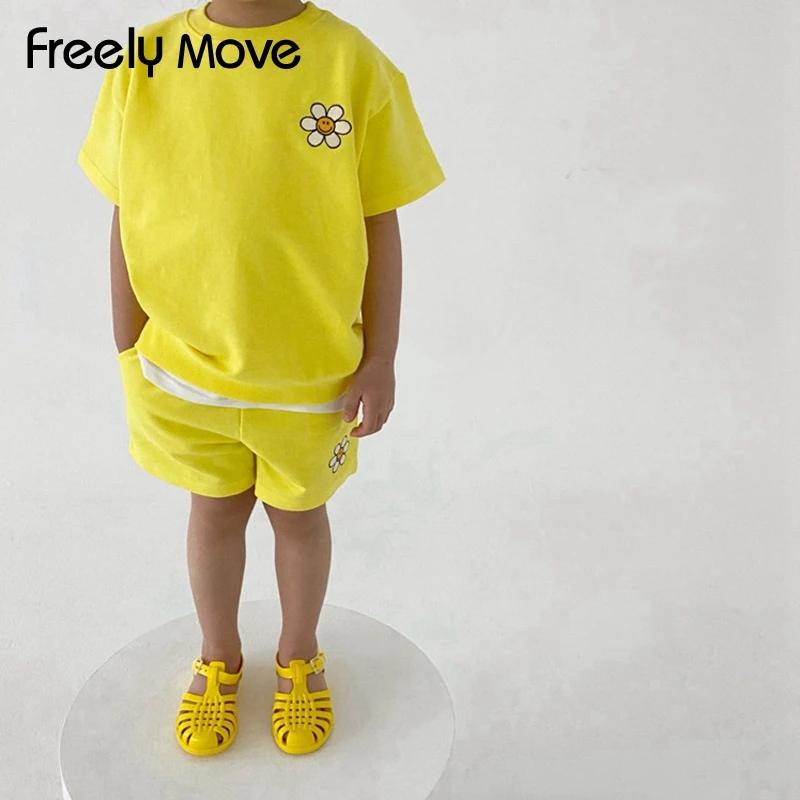 Freely Move 2pcs 2022 Soild Colorful Cotton Suit Children's Short Sleeve T-shirt+pants Baby Boys Girls Outfits Clothes Fashion