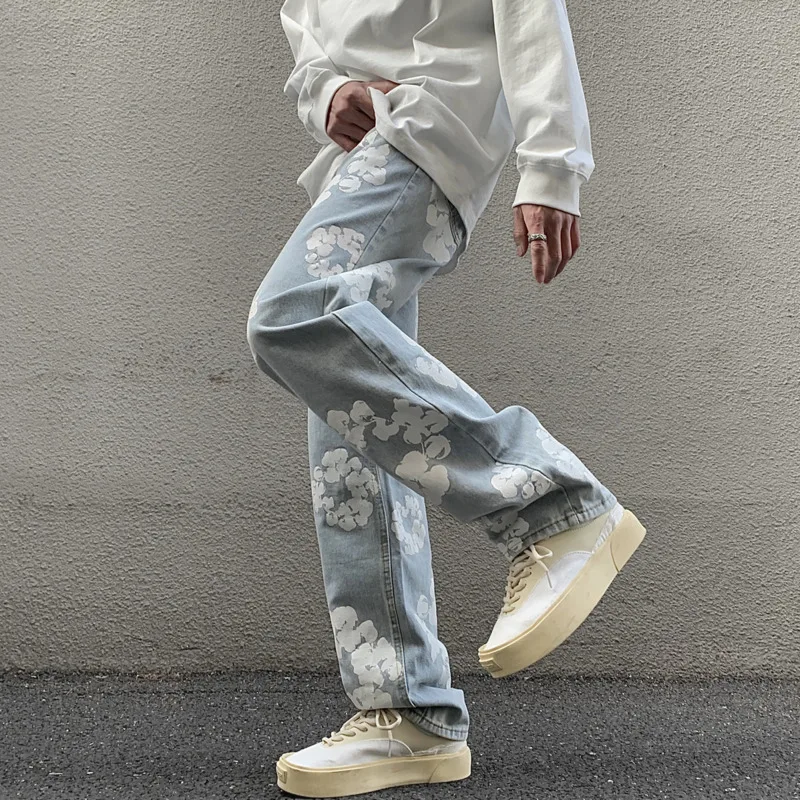 Blue Flower Jeans Men Fashion Casual Print Baggy Jeans Men Streetwear Hip-hop Loose Straight Denim Pants Mens Trousers M-3XL