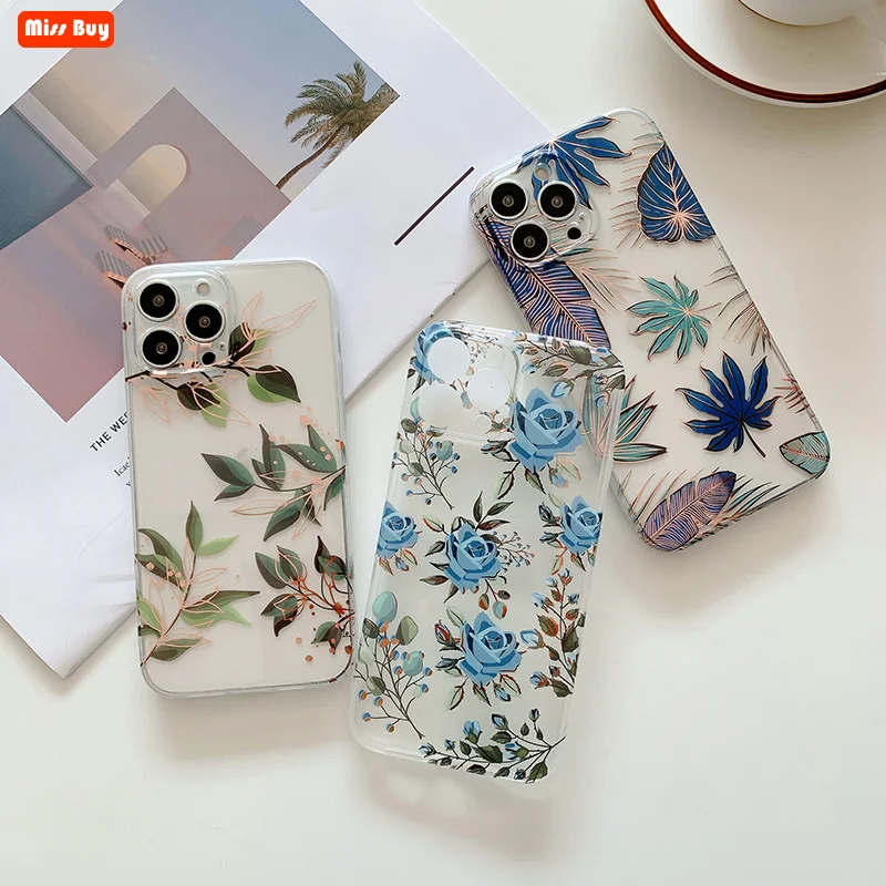 

Fashion Rose Flower Banana Leaf Cases for iPhone 13 12 11 Pro Mini Max X Xs Xr 7 8 Plus Case Luxury Fundas Protection Slim Cover