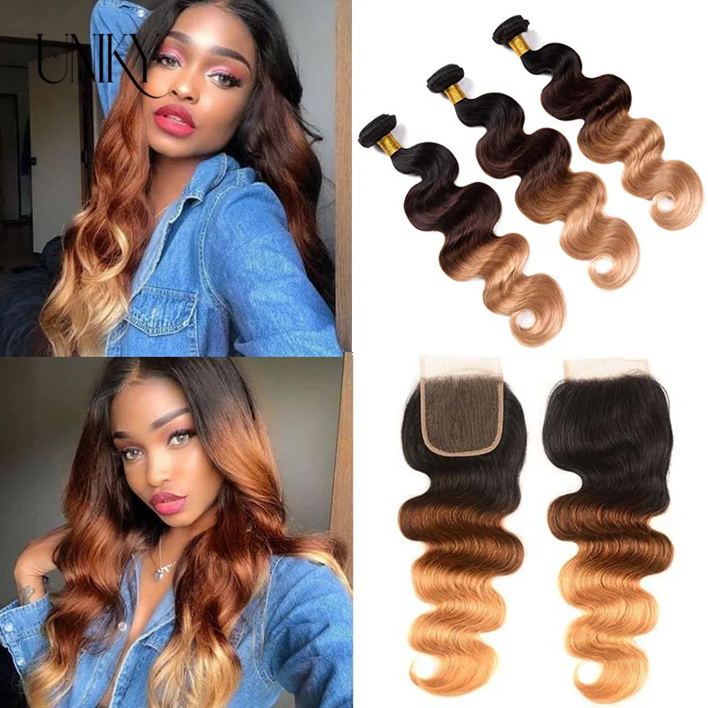 

Brazilian Hair Weave Bundles With Closure Ombre Brown Body Wave Human Hair 3/4 Bundles With 4x4 Lace Closure 1B/4/30 Human Hair