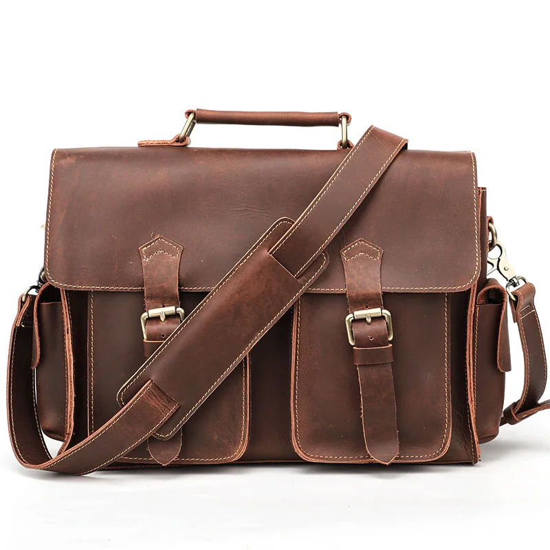Vintage crazy horse cowhide men multi-pocket briefcase business office work handbag casual genuine leather laptop messenger bag