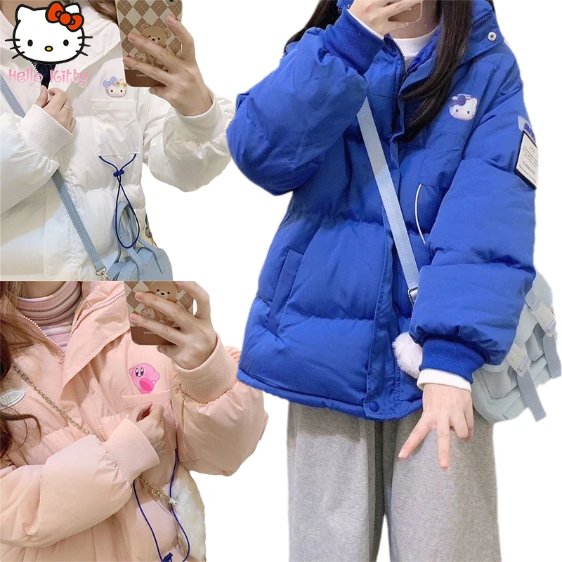 

Kawaii Sanrio, хлопковая одежда Hello Kitty, женская зимняя утолщенная зимняя одежда Kirby с капюшоном и хлебом