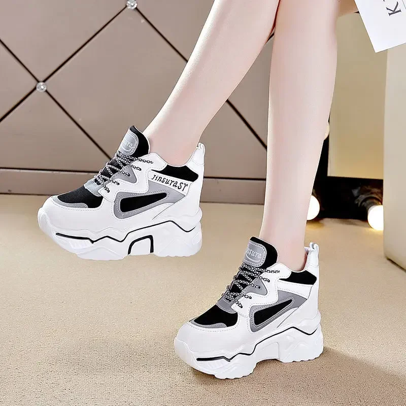 

New White High Heel Sneakers Women Chunky Shoes Wedge Sneakers Girls Pink Platform Tenis Trainers Thick Soled Shoes