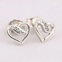 authentic 925 sterling silver sparkling ribbons of love heart with crystal stud earrings for women wedding gift pandora jewelry