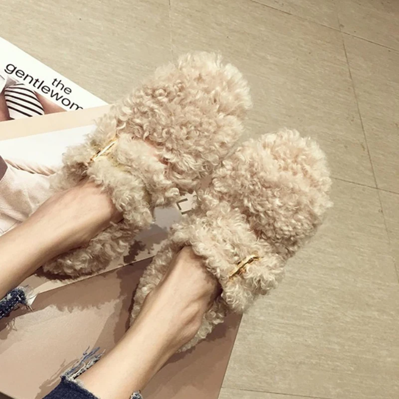 Woman Metal Buckle Band Furry Ladies Winter Shoes Plush Loafers Sheep Fur Moccasins Warm Curly Lamb Wool Flats