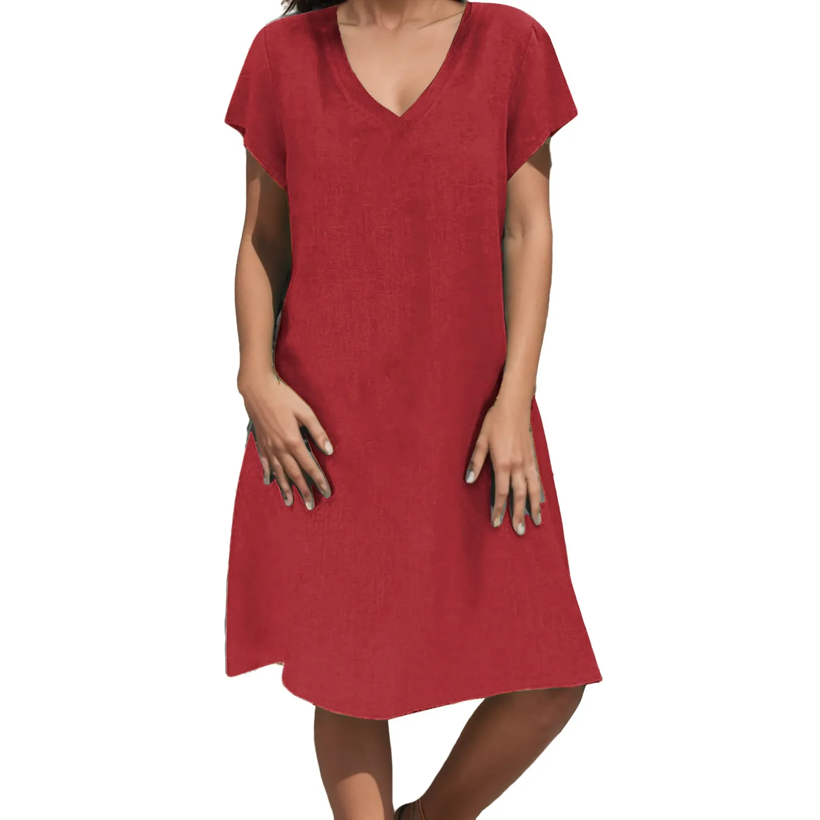 

Womens Fashion Dress Solid Color Short Sleeve V Neck Mid Length Dress