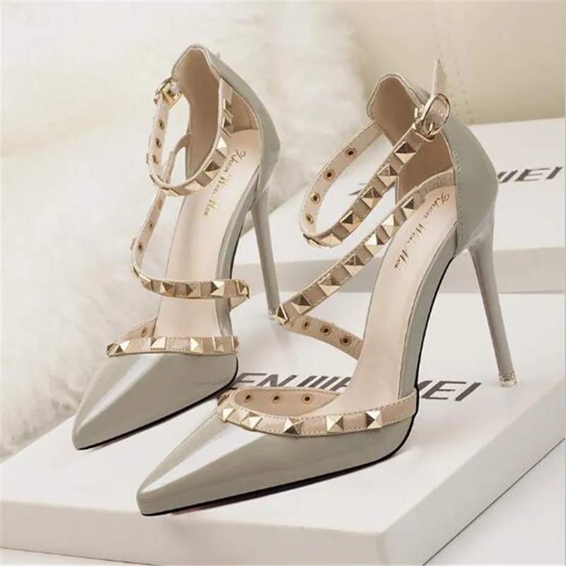 

LLUUMIU women high heels pointed toe pumps summer shoes sexy rivet ankle strap thin heels Female Sandals fashion party shoes