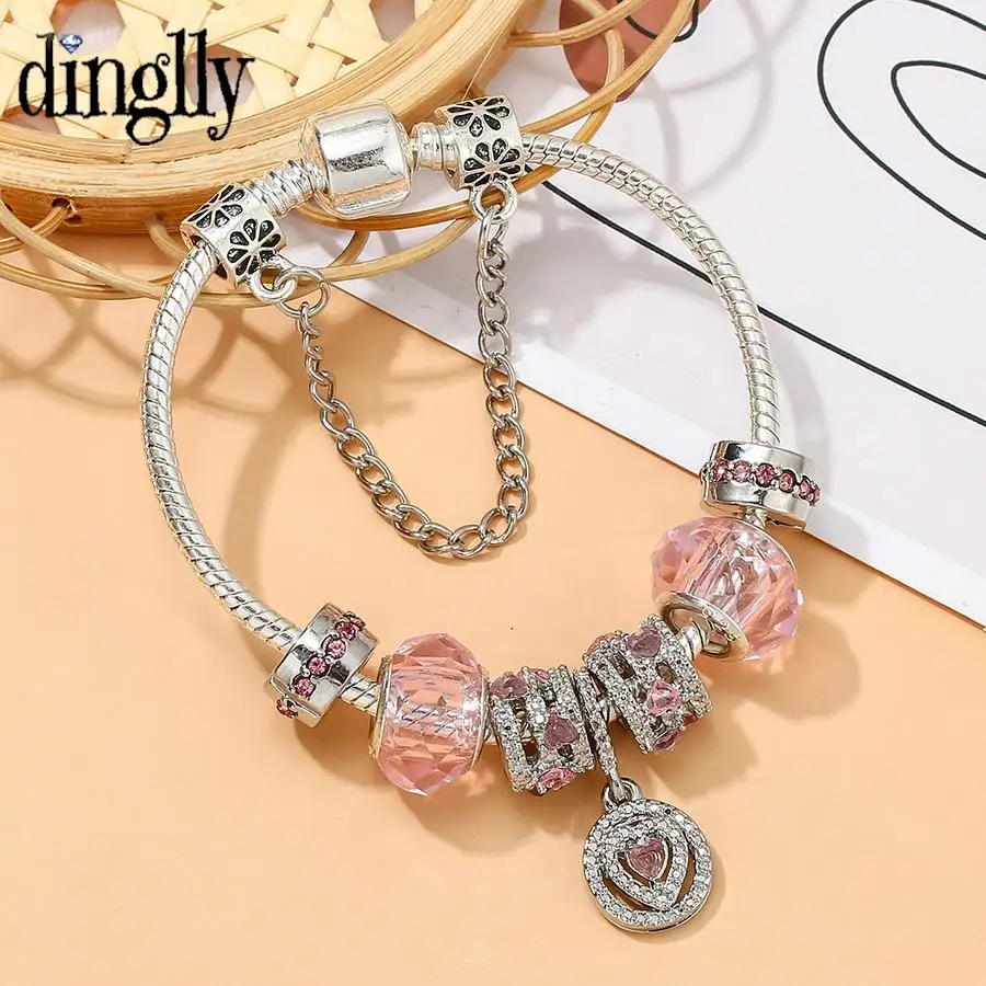 

DINGLLY Новые блестящие браслеты с двойной окантовкой в форме сердца для женщин DIY Розовые Кристальные бусины Серебристый браслет Ювелирные из...