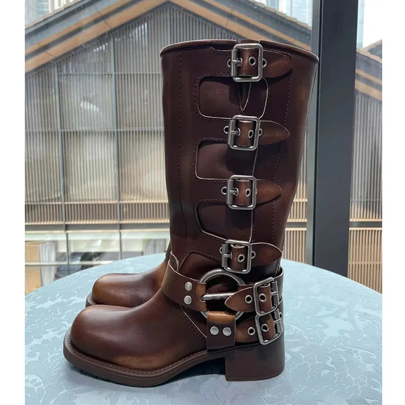 2022 New Winter Denim Boots Women's Retro Brown Belt Buckle Round Head High Boots Martin Boots Knee Length Boots