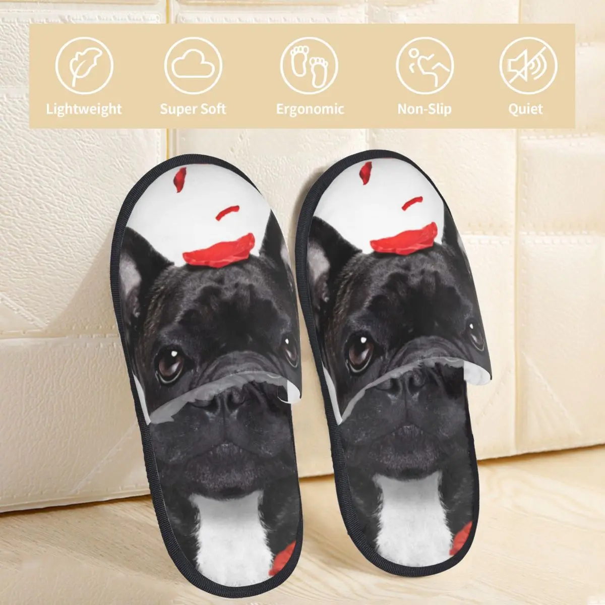 Тапки женские и мужские зимние теплые Французские бульдоги собака с лепестками