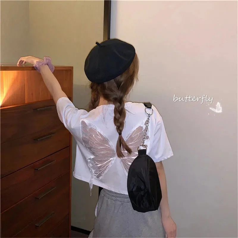 

Summer Cool Irregular Design T-Shirts Korean Style Wild Loose Thin Hollow Butterfly Design Short Sleeved Top T-Shirt