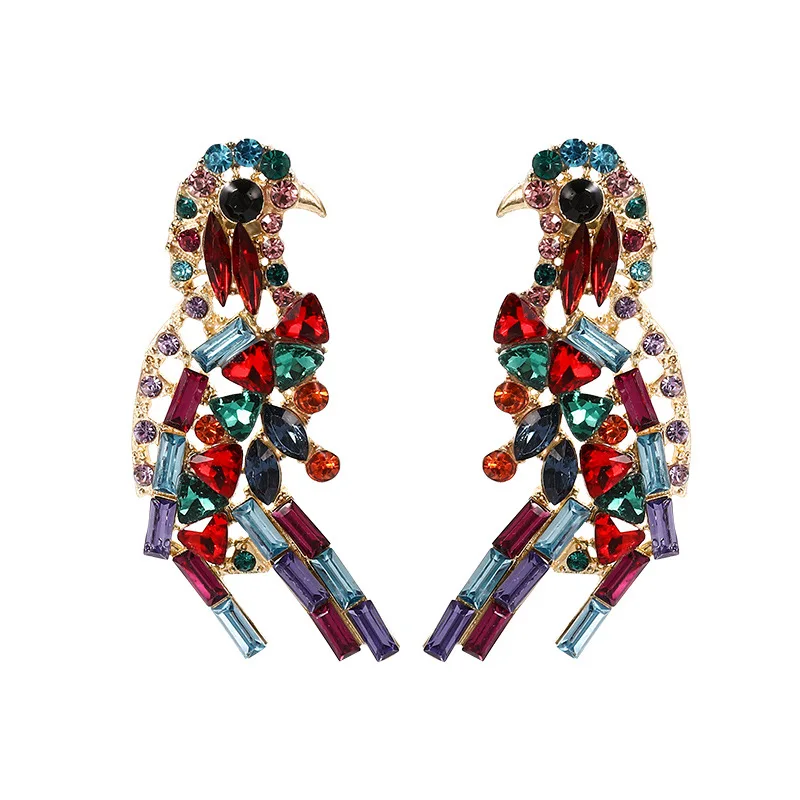 

Fashion Exaggerated Gold Color Colorful Glass Bird Shaped Stud Earrings for Women Girls Clear Zircon Ear Stud Jewelry Wholesale