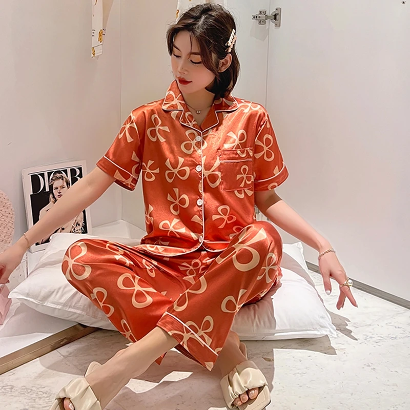Women Silk Satin Pajamas Set Short Sleeve Long Trousers Pajamas Suit 2021 Button-Down Printed Sleepwear Loungewear Pyjamas Mujer