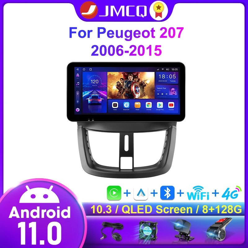 

JMCQ Android 11 Carplay For Peugeot 207 2006-2015 Car Radio Multimedia Video Player QLED Floating Screen Navigation Head Unit