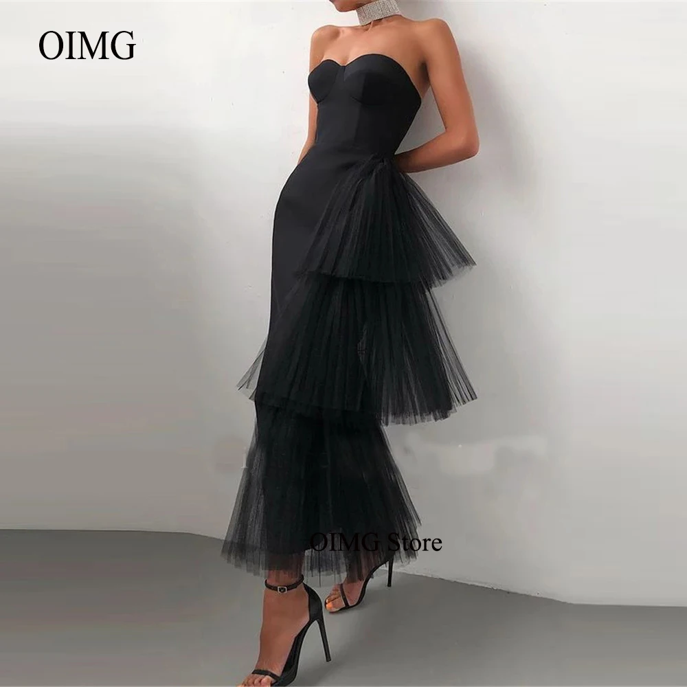 

Modern Black Mermaid Evening Party Dresses With Tulle Layered OverSkirt Sweetheart Midi Women Prom Gowns Formal Dress
