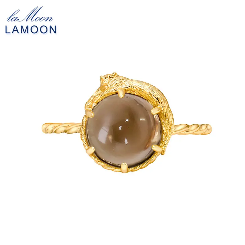 

GOLUCA Natural Smoky Quartz Gemstone Ring For Women 925 Sterling Silver Gold Vermeil Fine Jewelry Gift Vintage Cute Cat Ring
