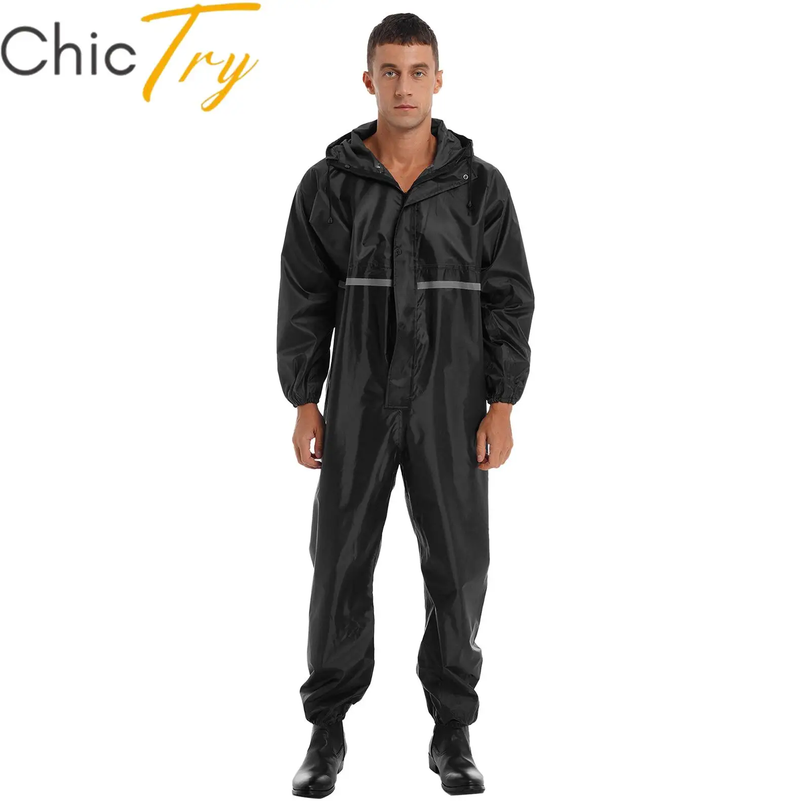 

Mens Waterproof Jumpsuit Reflective Strip Rainsuit Long Sleeve Hooded Raincoat Zipper Coveralls Romper for Sports Camping Hiking