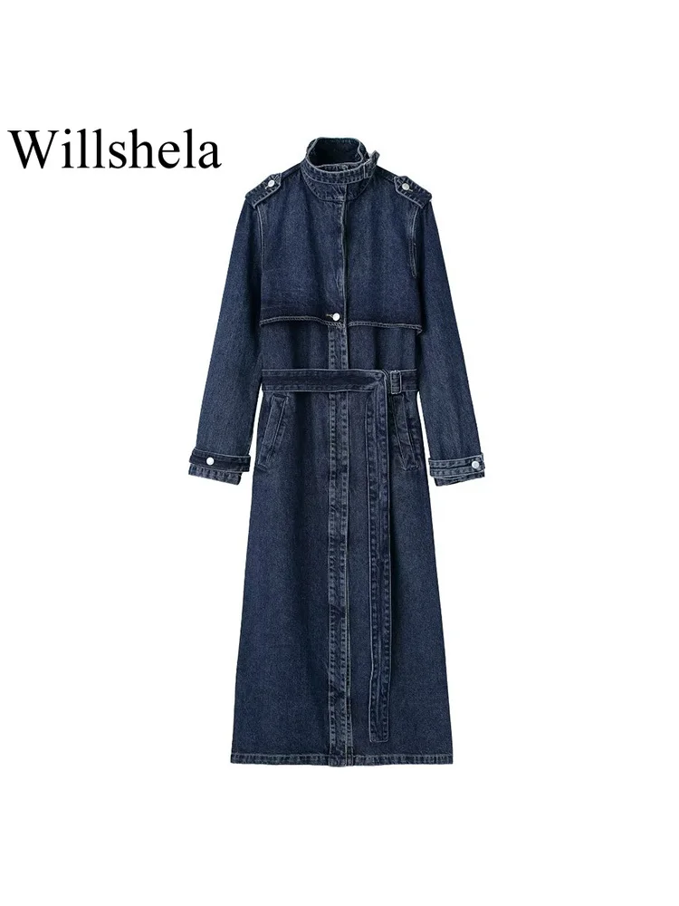 

Женский однобортный Тренч Willshela, синий однобортный винтажный Тренч с отворотом, длинными рукавами и поясом