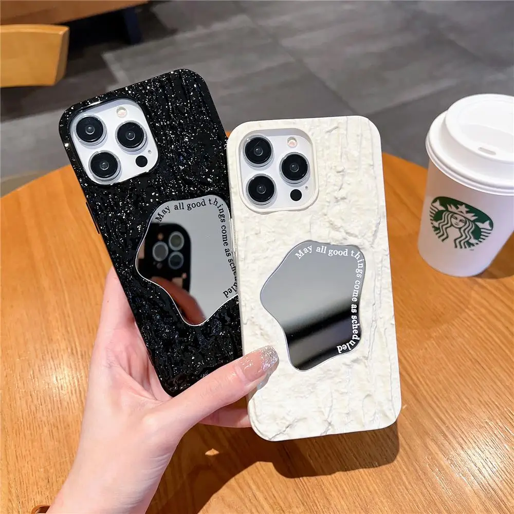 

New Fashion Rock Textured Small Mirror Case for iPhone 14 Pro Max 13 12 11 Luxury Art Design 3D Soft Silicone Anti-Shock Case