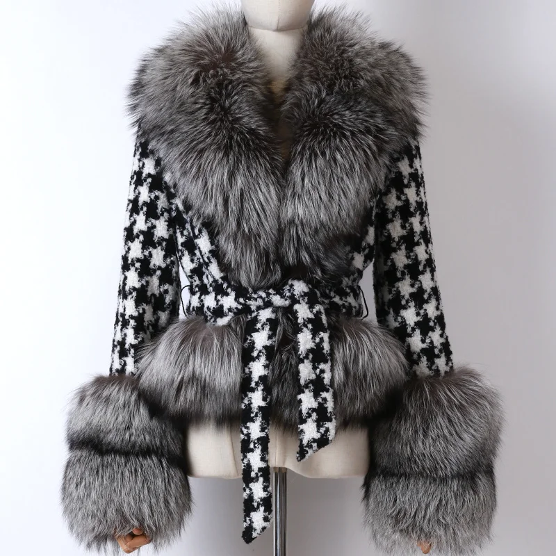 

ladies woollen coat collar and sleeve women real fox fur jacket
