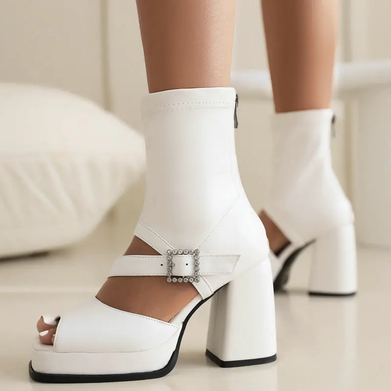 Gothic Black Ninja Sandals Women Summer 2023 Platform Shoes Peep Toe Fashion High Heels White Crystal Buckle Zipper Ankle Boots