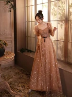 champagne perspective puff sleeve bandage evening dresses a line sweetheart neck exquisite bowknot lace backless ball party gown