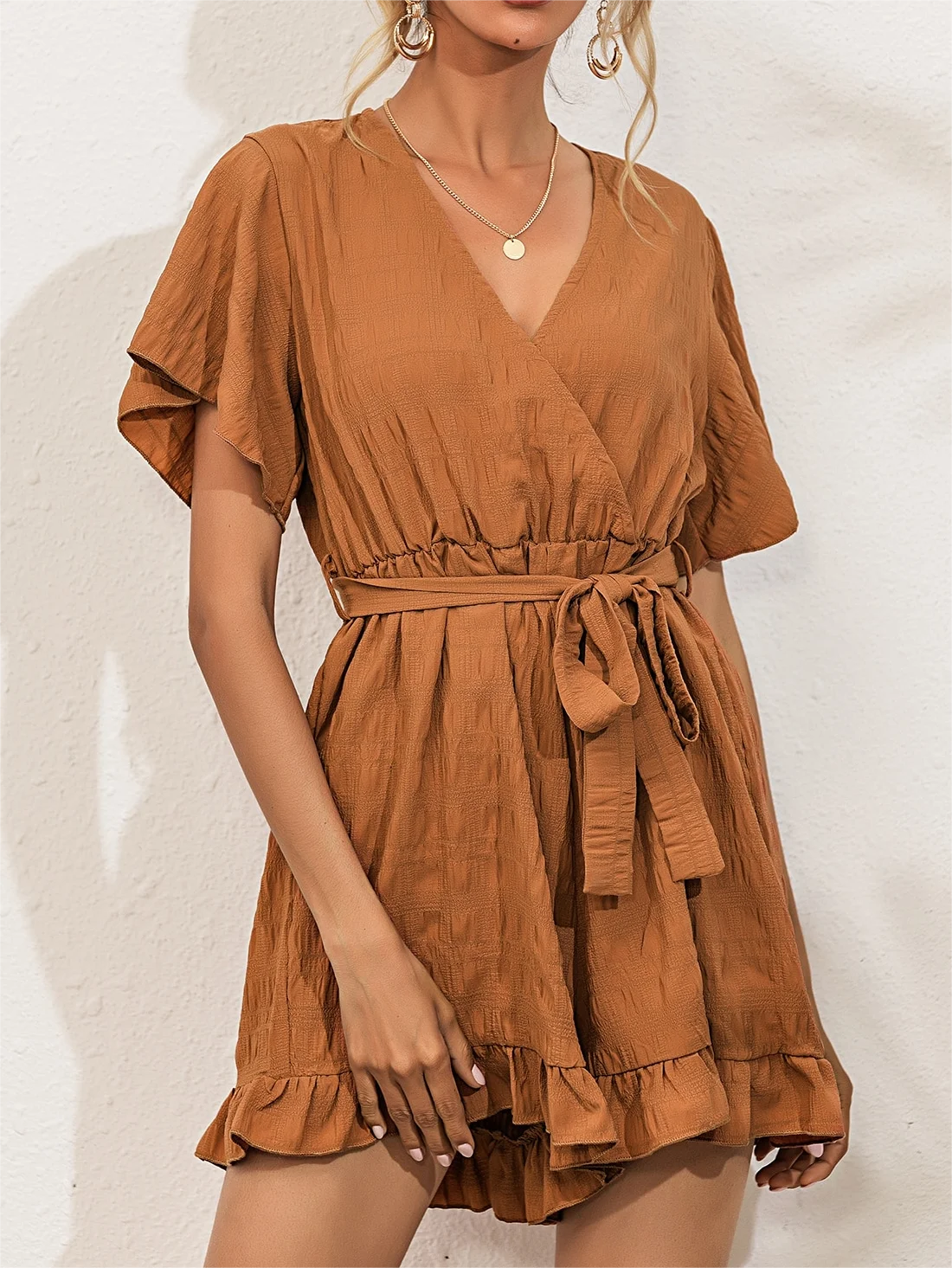 Lace Up Casual Solid Jumpsuit Loose High Waist Short Sleeve Flare Shorts Summer Outfits For Women 2022 Fashion Clothes Playsuit