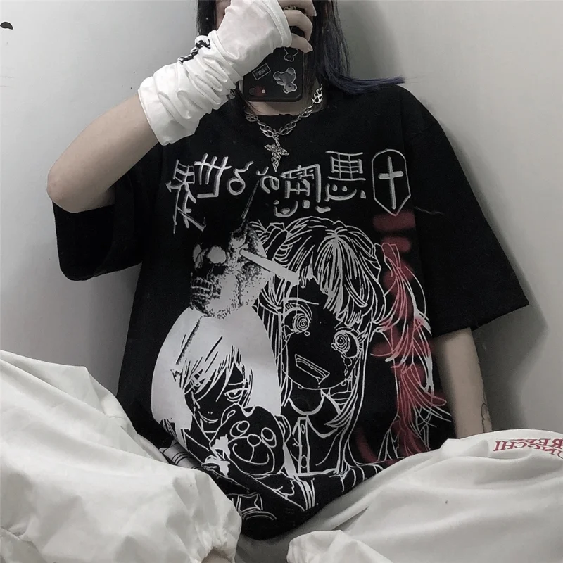 

T Shirt for Women Harajuku Street Dark Tops Spoof Cartoon Tees Print Loose Short-sleeved T-shirt Women's Clothes Y2k Streetwear