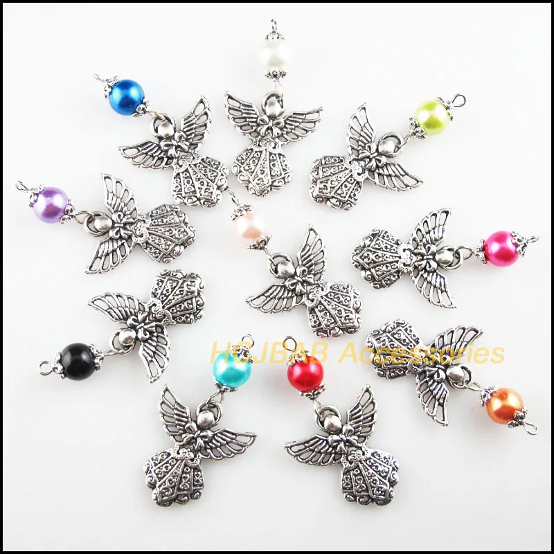 

10Pcs Tibetan Silver Angel Wings Mixed Glass Beads Charms Pendants 23.5x43mm