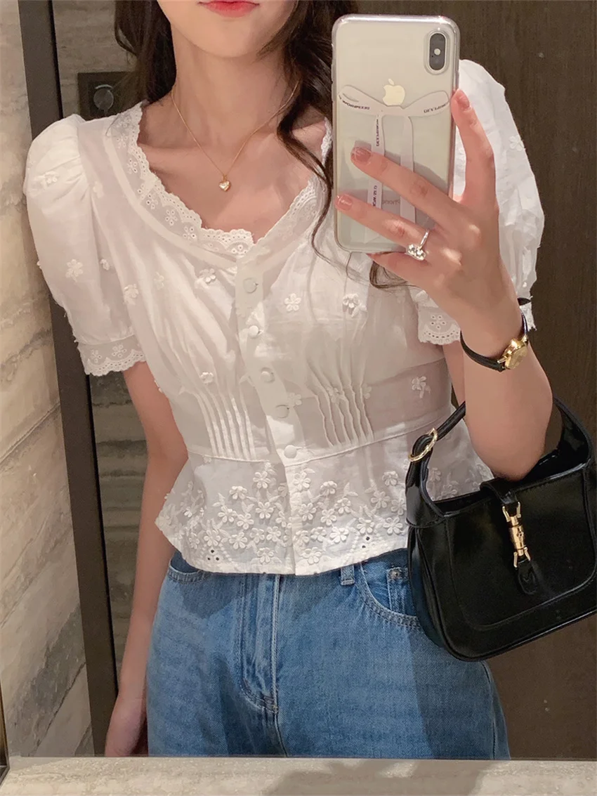 

Alien Kitty S-M New Arrival Shirts Woemn Lace Patchwork Lace Summer Short Sleeve Slim Sweet 2022 Chic High Waist Fashion OL
